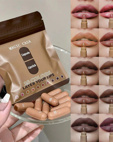 ‌10 Color Smooth Brown Toned Capsule Lipstick Set Lasting Matte Velvet‌ Mini Lip Balm Smudge Proof Highly Pigment Lip Makeup Kit