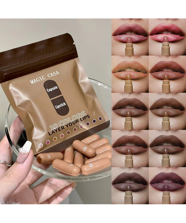 ‌10 Color Smooth Brown Toned Capsule Lipstick Set Lasting Matte Velvet‌ Mini Lip Balm Smudge Proof Highly Pigment Lip Makeup Kit