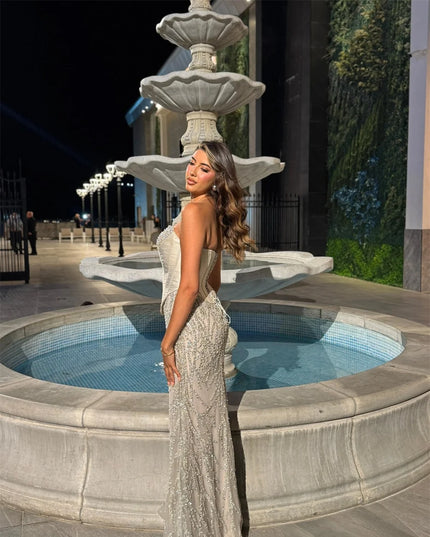 Mila Strapless Customized Gray Evening Dresses Sleeveless Back Lace-Up Prom Dress 2025 Floor-Length Wedding Party Formal Gowns