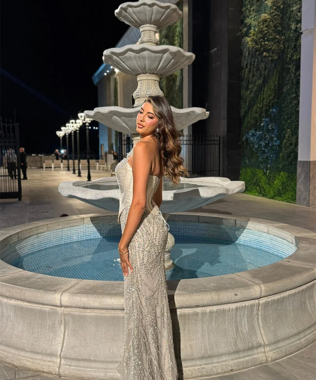 Mila Strapless Customized Gray Evening Dresses Sleeveless Back Lace-Up Prom Dress 2025 Floor-Length Wedding Party Formal Gowns