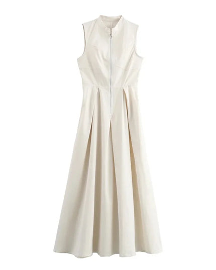 MUJER Zipper Long Dress Woman Pleated Sleeveless Bodycon Dress Summer Elegant Party Dresses For Women 2025 New Midi Dresses