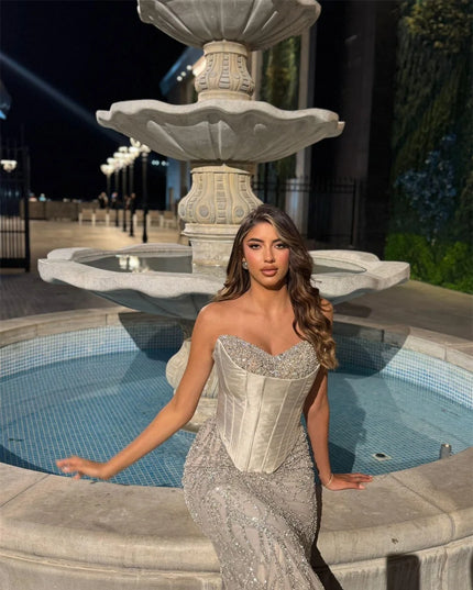 Mila Strapless Customized Gray Evening Dresses Sleeveless Back Lace-Up Prom Dress 2025 Floor-Length Wedding Party Formal Gowns