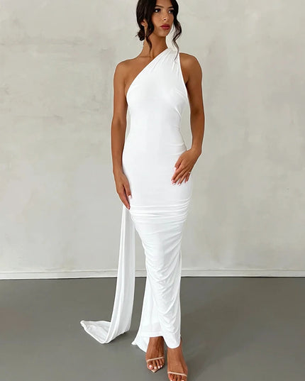 Hugcitar One Shoulder Backless Adjustable Scarf Loop Ruched Sexy Maxi Dress Women Elegant Y2K Streetwear Festival Outfit