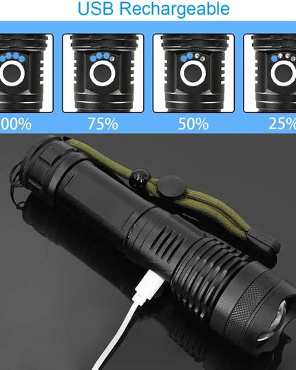 High Power Strong Light Long Range LED Flashlight USB Rechargeable Defense Flashlight Outdoor Telescopic Zoom Super Bright Torch