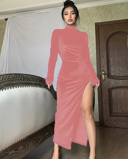 Women's autumn and winter style high-necked long-sleeved velvet dress slim pleated slit dress