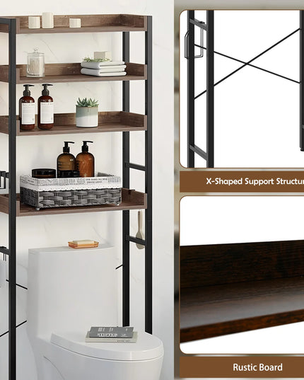 Over The Toilet Storage Rack 4-Tier Bathroom Organizer Freestanding Shelf Space Saver Toilet Stand Cabinet with 4 Hooks