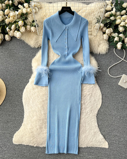 YuooMuoo Women Dress 2025 Autumn Winter Elegant Fur Long Sleeve Knitted Sweater Dress Chic Lady Wrap Hips Bodycon Long Vestidos
