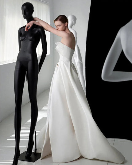 French Luxury White Satin Trailing Wedding Dresses for Bride 2025 Women Elegant Sexy Strapless Long Prom Party Dress vestidos