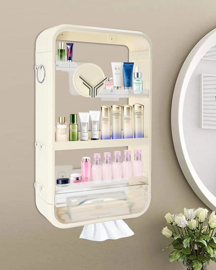 Wall Mount Makeup Organizer,Adhesive Shelf Bathroom Shelves for Wall, Perfume Organizers with Tissue Hole No Drilling Hang Walls