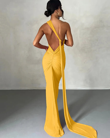 Hugcitar One Shoulder Backless Adjustable Scarf Loop Ruched Sexy Maxi Dress Women Elegant Y2K Streetwear Festival Outfit