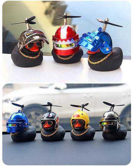 Cool Black Rubber Duck Toy Bike Car Ornaments Dashboard Decorations Squeeze Duck Bicycle Horns with Propeller Helmet for Kids