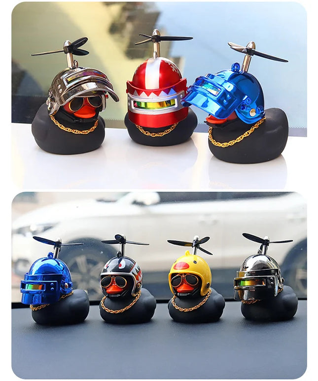 Cool Black Rubber Duck Toy Bike Car Ornaments Dashboard Decorations Squeeze Duck Bicycle Horns with Propeller Helmet for Kids