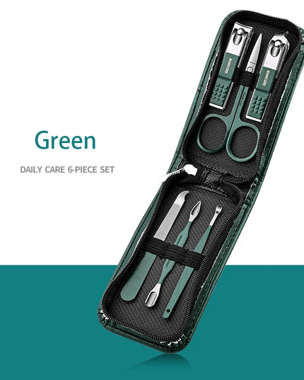 Green 6-18 Pcs Manicure Set With Leather Case Professional Foot And Face Care Tool Kits Stainless Steel Nail Clipper Sets Gift