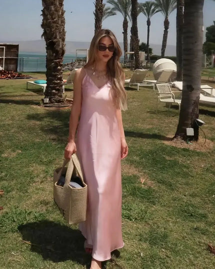 HH Women Summer Yellow Stain V Neck Sling Dress Elegant Sleeveless Loose Maxi Robes 2025 New Ladies Party Holiday Dresses