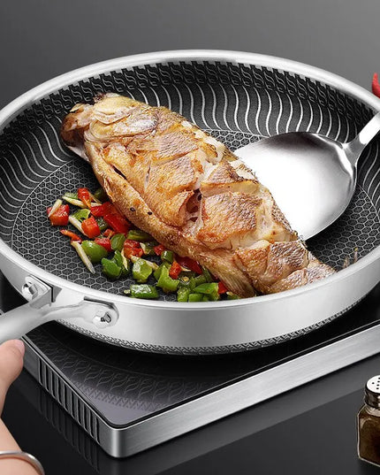 Whole Body Tri-Ply Stainless Steel Frying Pan 316 Stainless Steel Wok Pan Double-sided Honeycomb Skillet Suitable for All Stove