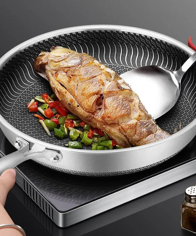 Whole Body Tri-Ply Stainless Steel Frying Pan 316 Stainless Steel Wok Pan Double-sided Honeycomb Skillet Suitable for All Stove
