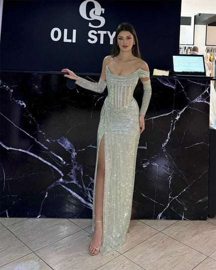 Contessa Dubai Silver Shiny Prom Dresses With Sleeve Off Shoulder Vestidos de noche Side High Split Formal evening dresses 2025