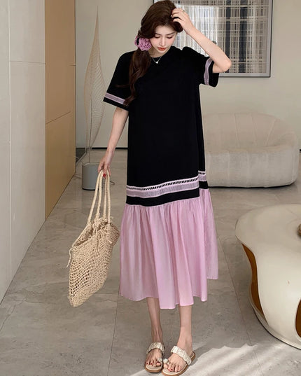 NYFS 2025 Summer Dress Loose plus Size Black Patchwork Pink Hem Long Dresses Robe Elbise Short Sleeve Korean Style Woman Dress