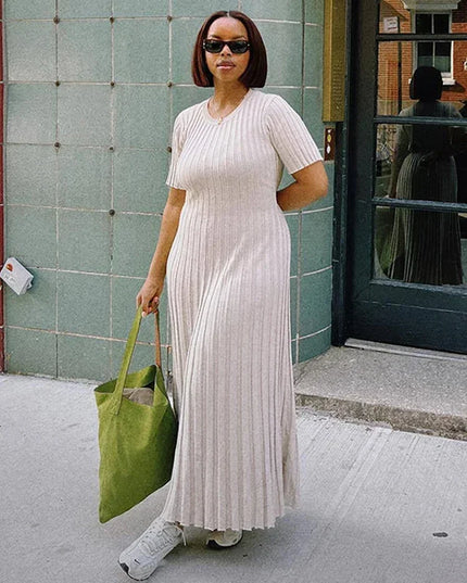 Ladies Knitted Short Sleeve Pleated Long Dress Fashion Spring Summer Women Dress Hip Package O Neck Female Vestidos