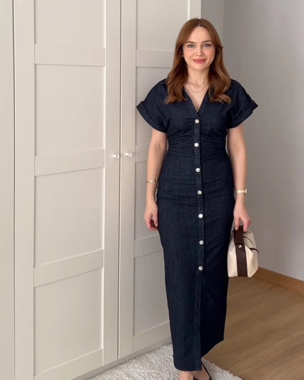 ETJ 2025  Spring New 1975 series denim MIDI dress with lapel side zipper fashion wrinkle waist slim elegant dress