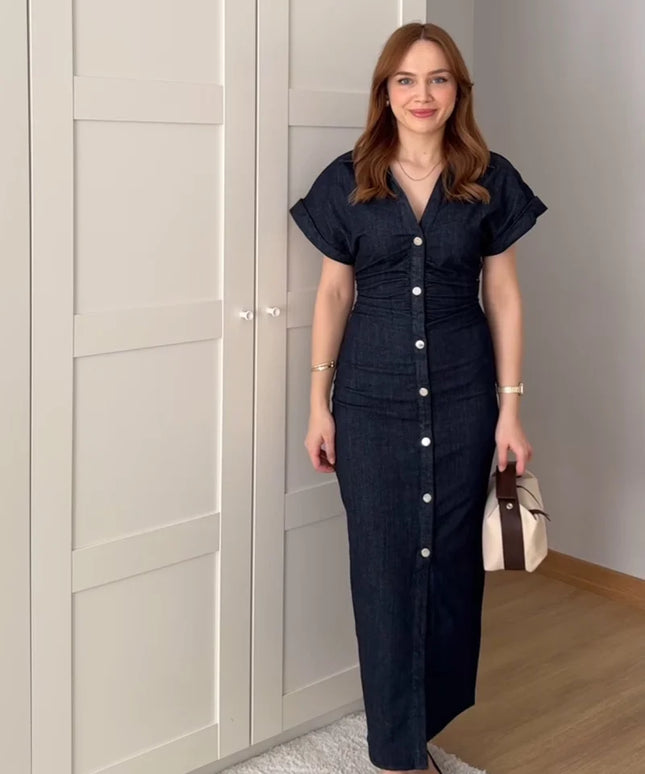 ETJ 2025  Spring New 1975 series denim MIDI dress with lapel side zipper fashion wrinkle waist slim elegant dress