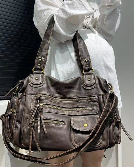 Y2K Hot Girl Single Shoulder Crossbody Bag Vintage Washed Leather Motorcycle Bag Large Capacity Multi Pocket Bag
