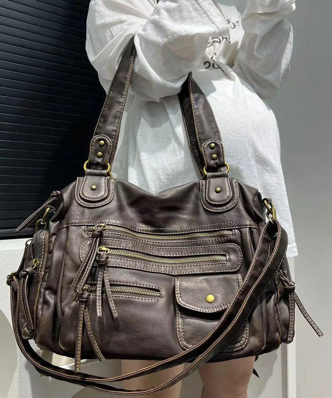 Y2K Hot Girl Single Shoulder Crossbody Bag Vintage Washed Leather Motorcycle Bag Large Capacity Multi Pocket Bag