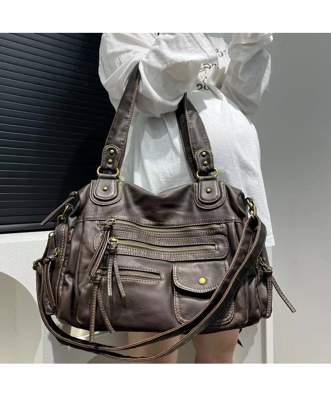 Y2K Hot Girl Single Shoulder Crossbody Bag Vintage Washed Leather Motorcycle Bag Large Capacity Multi Pocket Bag