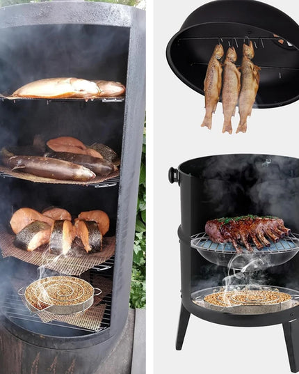 Stainless Steel Cold Smoke Generator Charcoal Barbecue Round Meshes Apple Wood Chips Smoker BBQ Grill Accessories For Salmon