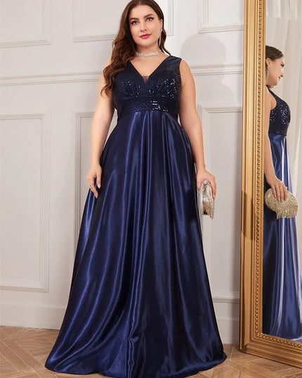 Plus Size Elegant Sequins Evening Dress For Women 2025 Deep V-neck Satin Prom Party Dress Floor Length Formal Bridesmaid Gowns