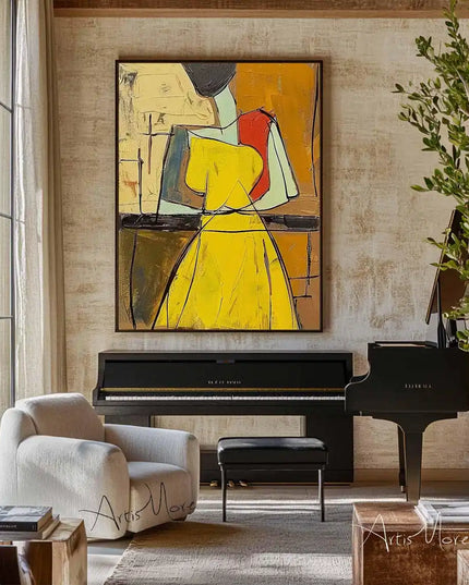 Mhemyo Wabi Sabi Wall Art Woman Figure Hand Painted Painting Large Grey Beige Textured Painting Vintage Figurative Canvas Art