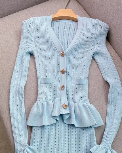 YuooMuoo Brand Fashion One-piece Knitted Maxi Dress Women Elegant V-neck Ruffled Slim Waist Bodycon Sweater Dress Party Vestido