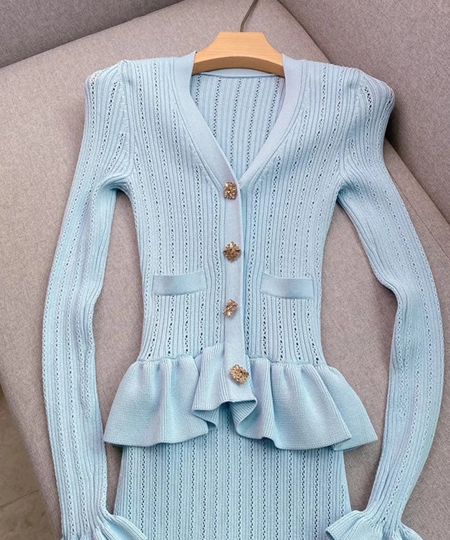 YuooMuoo Brand Fashion One-piece Knitted Maxi Dress Women Elegant V-neck Ruffled Slim Waist Bodycon Sweater Dress Party Vestido