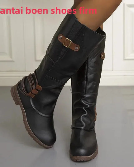 Women's round Toe Side Zipper PU Mid-Calf Boots Autumn Winter New Style Square Heel Booties Comfortable Rubber Lined Shoes