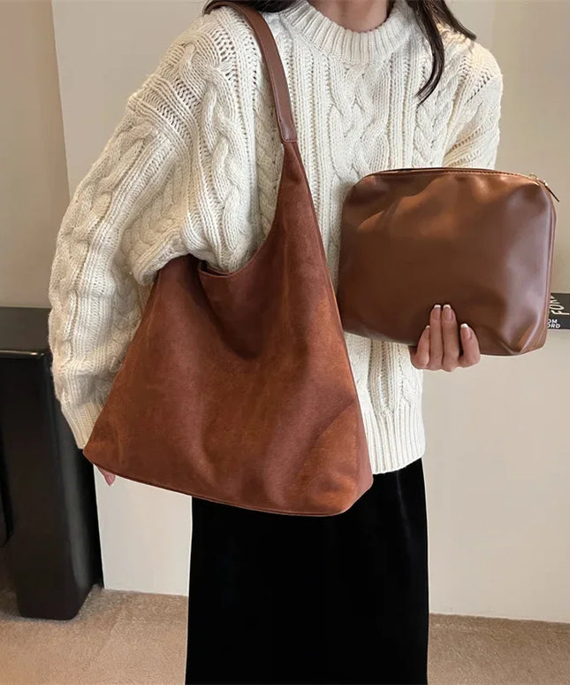 Autumn and Winter Vintage Women's Bag Large Capacity Suede Shoulder Bag Solid Color Simple Casual Commuter Bag Retro Handbags