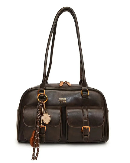 Women's Coffee Brown Multi-Pocket Handbag Shoulder Bag, Stylish Versatile Letter Crossbody Purse for Travel Work Shopping Dates