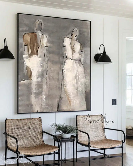 Mhemyo Wabi Sabi Wall Art Woman Figure Hand Painted Painting Large Grey Beige Textured Painting Vintage Figurative Canvas Art