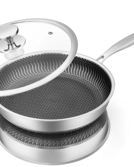 LMETJMA Stainless Steel Frying Pan Nonstick Honeycomb Fry Pan With Lid Induction Ceramic Electric Gas Cooktops Compatible KC0480