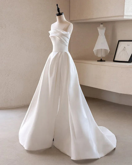 French Luxury White Satin Trailing Wedding Dresses for Bride 2025 Women Elegant Sexy Strapless Long Prom Party Dress vestidos