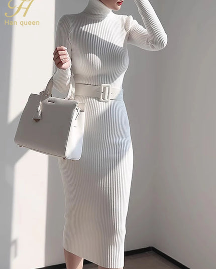 H Han Queen Knitted Turtleneck Sweater Bodycon Dress Bottoming Women Soft Elastic Autumn Winter Midi Party Dresses With Belt