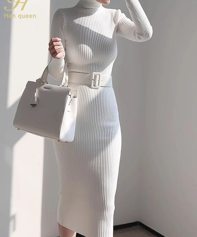 H Han Queen Knitted Turtleneck Sweater Bodycon Dress Bottoming Women Soft Elastic Autumn Winter Midi Party Dresses With Belt