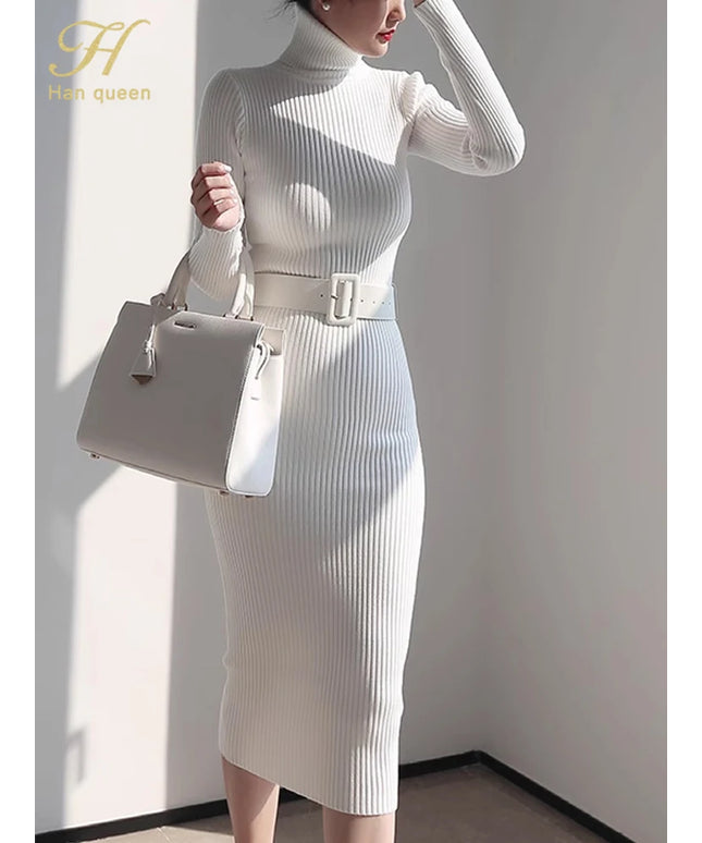 H Han Queen Knitted Turtleneck Sweater Bodycon Dress Bottoming Women Soft Elastic Autumn Winter Midi Party Dresses With Belt
