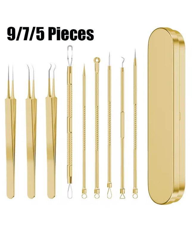 9/7/5PCS Acne Blackhead Removal Needles Kits Gold Color Stainless Steel Black Spot Blemish Pimple Cleansing Tool Face Skin Care