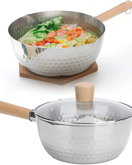 Stainless Steel Saucepan with Lid Solid wood handle with hook Multipurpose Sauce Pan with Pour Spouts, Sauce Pot, Cooking Pot