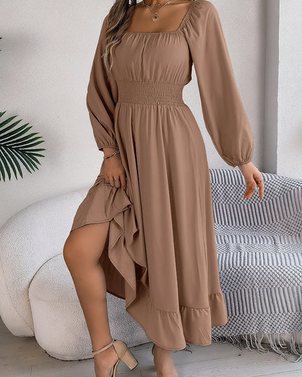 Spring Summer Elegant High Waist Square Neck Long Sleeve Ruffled Edge Long Dresses for Bridesmaids Red Blue Khaki Women Dresses