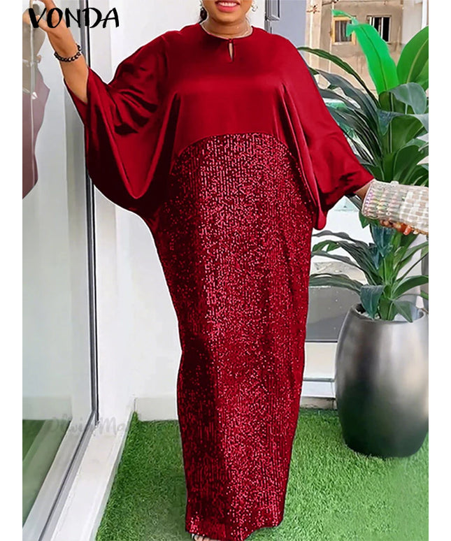 2025 Plus Size Women Sundress Fashion Vintage Patchwork Long Dress VONDA Casual Loose Robe Elegant 3/4 Bat-wing Sleeve Vestidos
