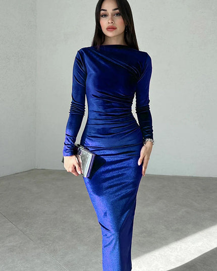 Dulzura 2024 Spring Summer Velvet Long Sleeve Midi Dress For Women Ruched Long Dress Elegant Party Clothes Evening Green Outfits