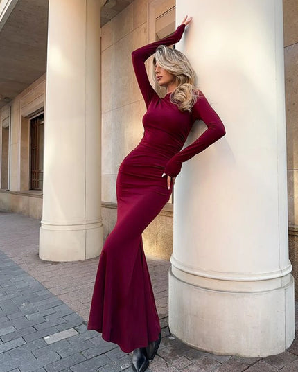 Women's Fashionable High-End Long Sleeved Round Neck Slim Fit Dress For Autumn  Winter Women's Street  Beach Party Long Dress