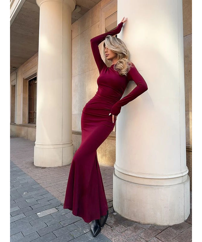 Women's Fashionable High-End Long Sleeved Round Neck Slim Fit Dress For Autumn  Winter Women's Street  Beach Party Long Dress