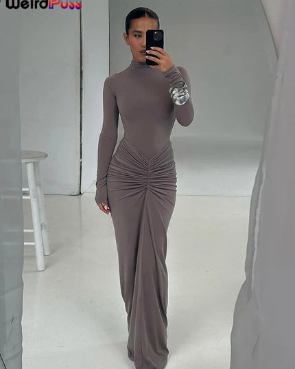 Weird Puss Hipster Ruched Dress Women o-NeckFull Sleeve  Skinny Stretch Robe Autumn Trend Simple Classic Pleats Long Bodycon